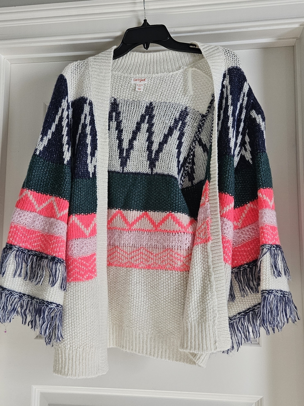 Cat & Jack Ivory Open-Front Cardigan with Navy, Green & Neon Pink Accents